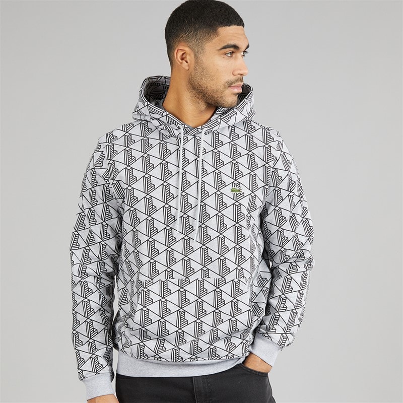 Lacoste Mens Monogram Fleece Hoodie Grey