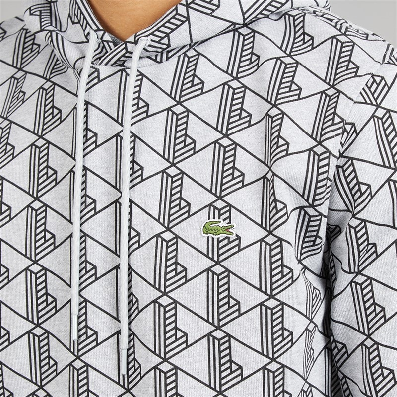 Lacoste Mens Monogram Fleece Hoodie Grey - Image 3