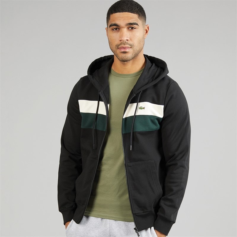 Lacoste Mens Zip Through Colour Block Hoodie Black/White/Green - Image 1