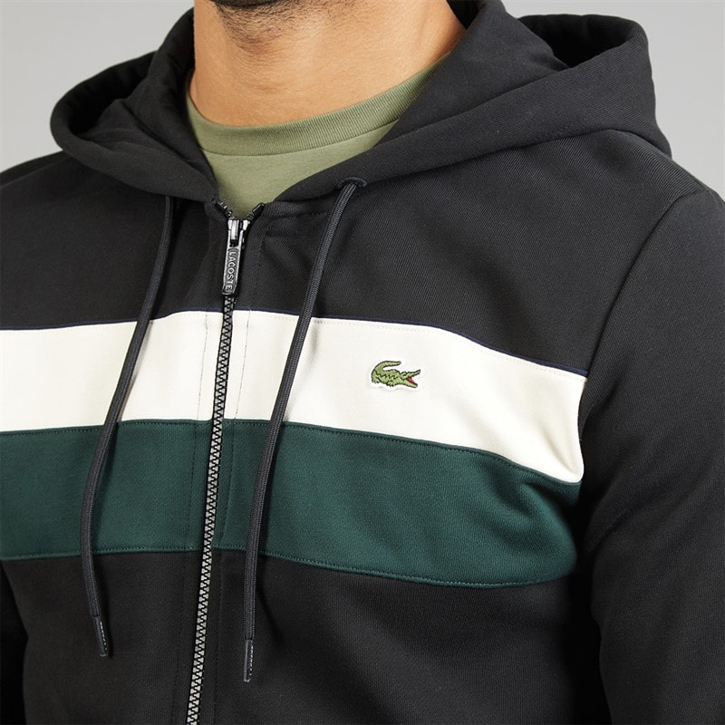 Lacoste Mens Zip Through Colour Block Hoodie Black/White/Green - Image 3