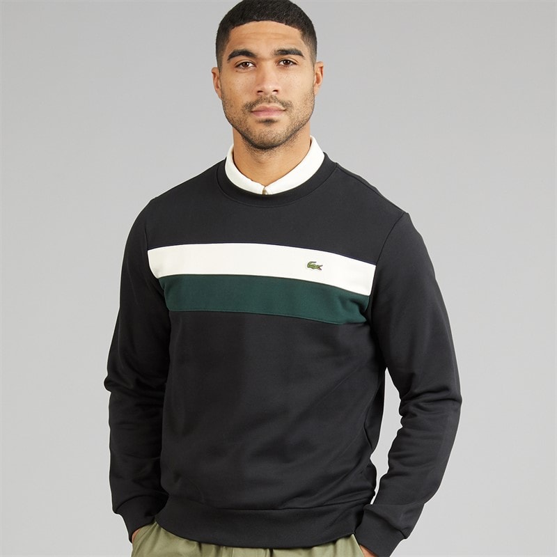 Lacoste Mens Colour Block Fleece Sweatshirt Black/White/Green - Image 1