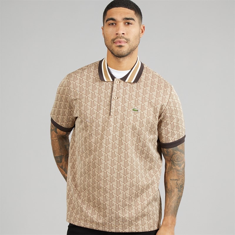Lacoste Mens Classic Fit Monogram Jacquard Polo Shirt Beige/Brown - Image 1