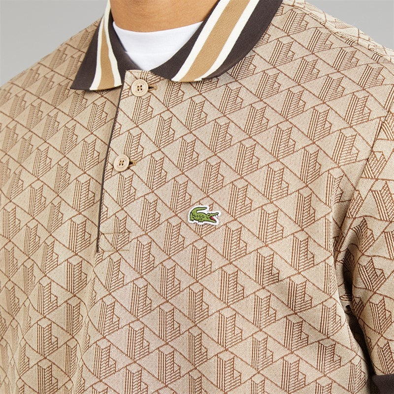 Lacoste Mens Classic Fit Monogram Jacquard Polo Shirt Beige/Brown - Image 3