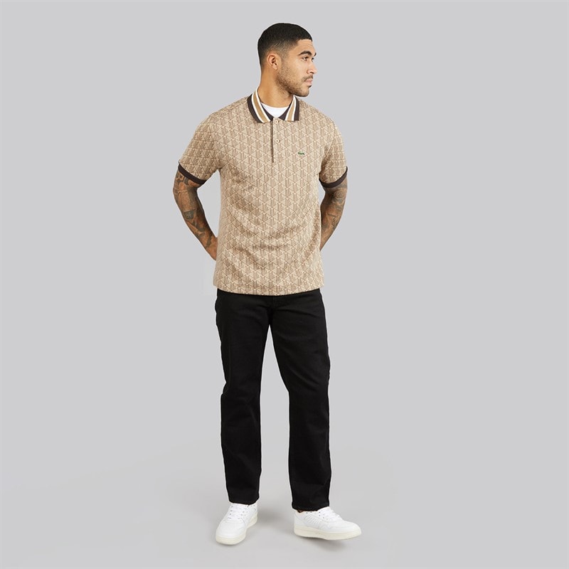Lacoste Mens Classic Fit Monogram Jacquard Polo Shirt Beige/Brown - Image 4