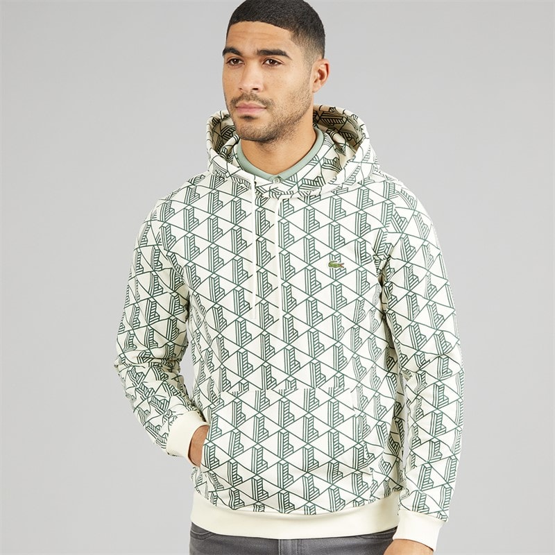Lacoste Mens Monogram Fleece Hoodie White/Green