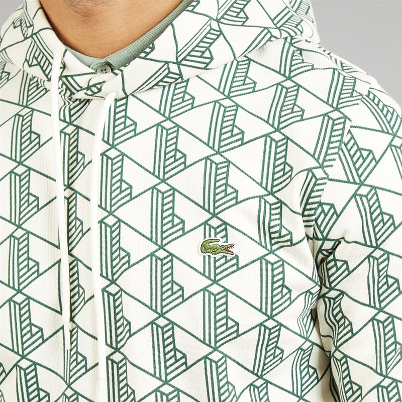 Lacoste Mens Monogram Fleece Hoodie White/Green - Image 3