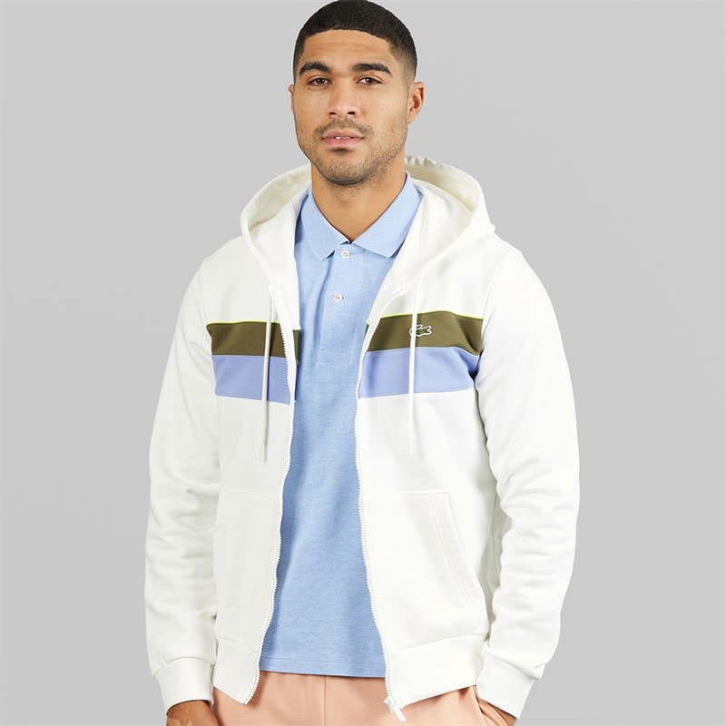 Lacoste Mens Zipped Colour Block Hoodie White/Khaki Green/Purple - Image 1
