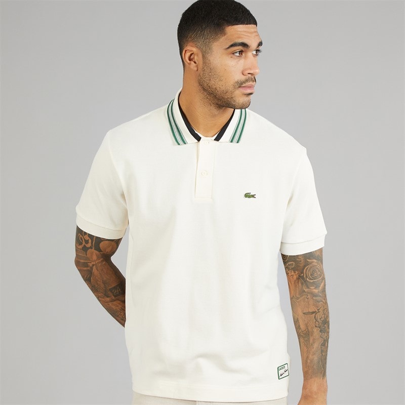 Lacoste Mens Classic Fit Stripe Collar Polo Shirt Ecru White - Image 1