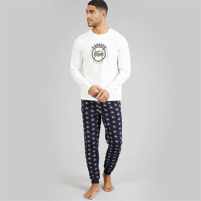 Lacoste Mens Printed Pyjama Set White/Navy Blue - Image 1