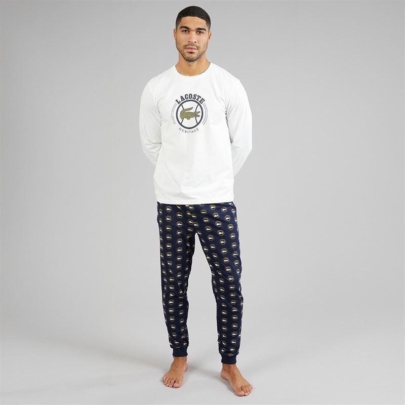 Lacoste Mens Printed Pyjama Set White/Navy Blue - Image 4