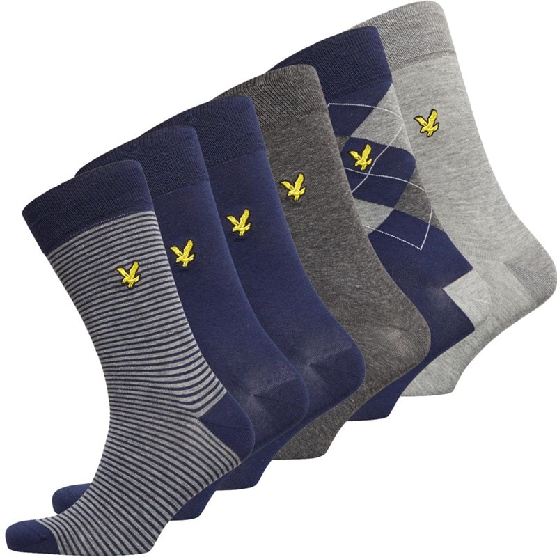 Lyle And Scott Vintage Mens Timothy Six Pack Socks Grey Marl/Argyle/Peacoat/Stripe/Dark