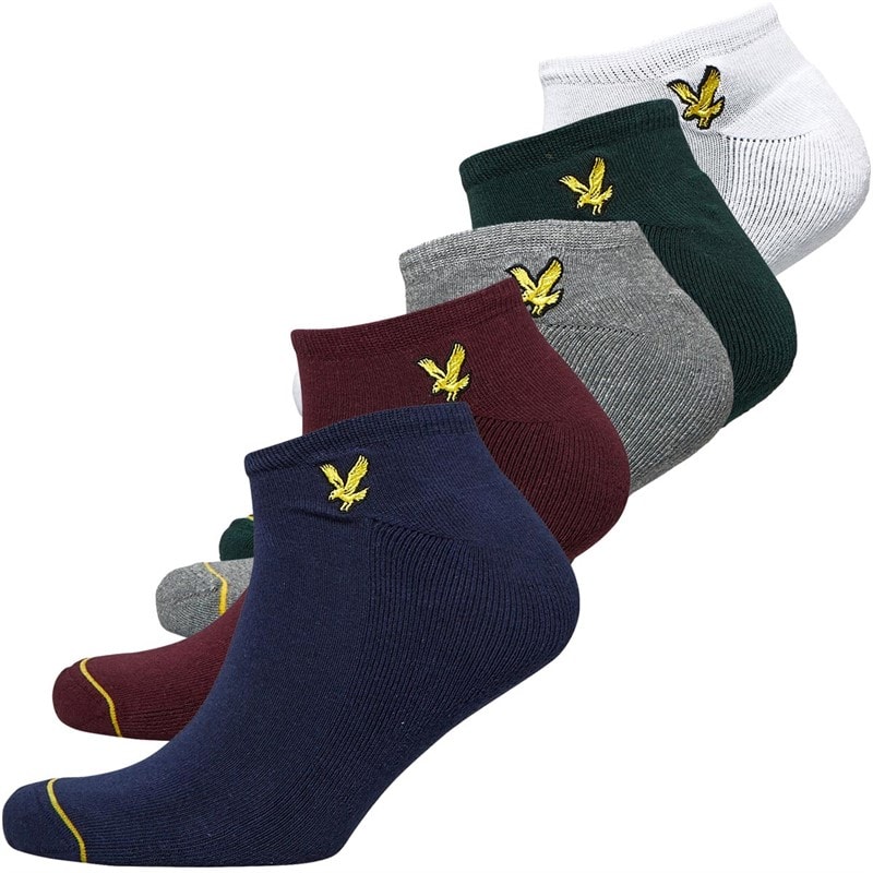Lyle And Scott Vintage Mens Ruben Five Pack Trainer Socks Peacoat/Wine Tasting/Grey Marl/Pine Grove/White