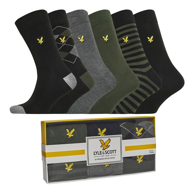 Lyle And Scott Vintage Mens Timothy Six Pack Socks Climbing Ivy/Black/Check/Stripe/Dark Grey Marl/Black - Image 1