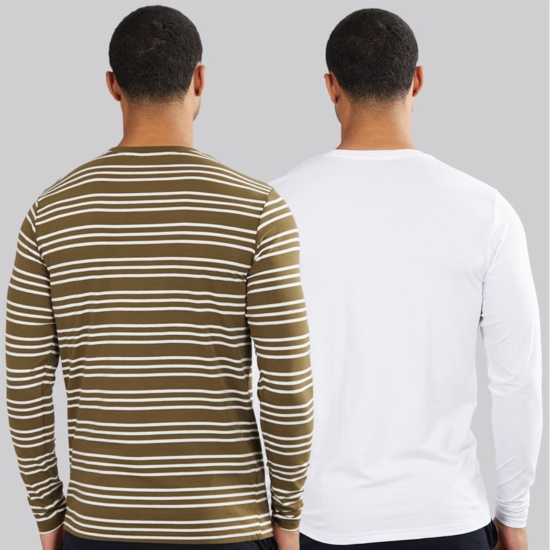 Lyle And Scott Vintage Mens Two Pack Striped Long Sleeve Loungewear T-Shirts Olive Stripe/White - Image 2