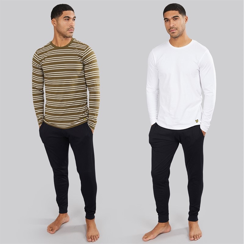 Lyle And Scott Vintage Mens Two Pack Striped Long Sleeve Loungewear T-Shirts Olive Stripe/White - Image 4