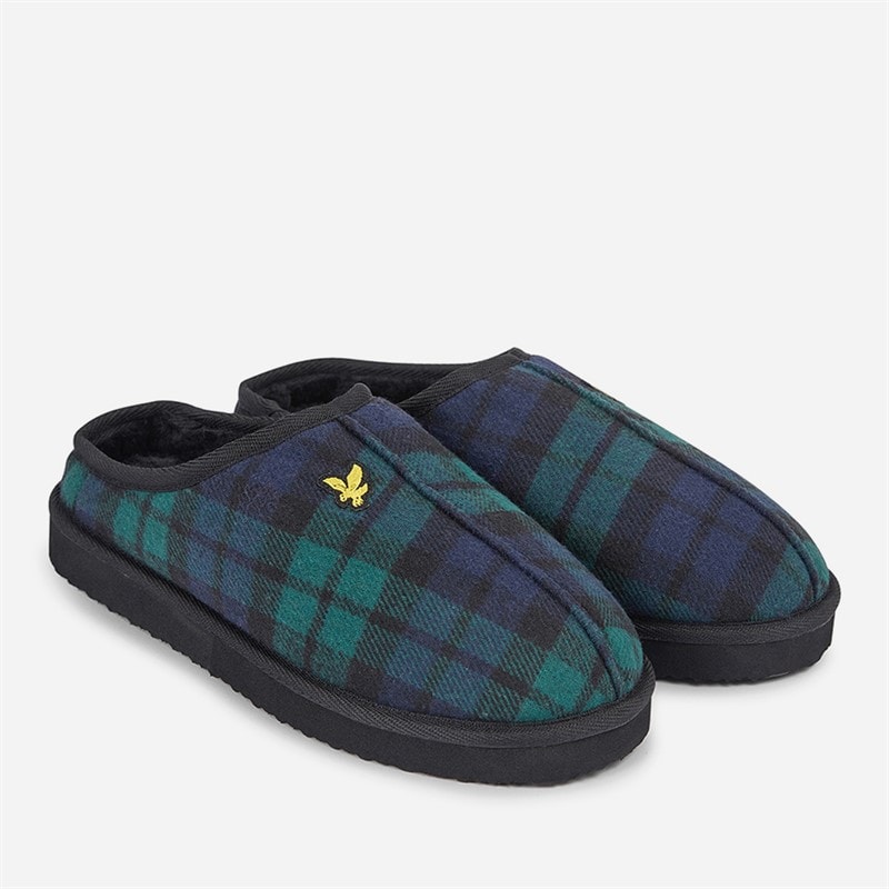 Lyle And Scott Vintage Mens Nox Faux Fur Lined Mule Clog Slippers Green Check