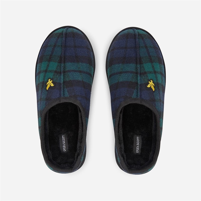 Lyle And Scott Vintage Mens Nox Faux Fur Lined Mule Clog Slippers Green Check - Image 3
