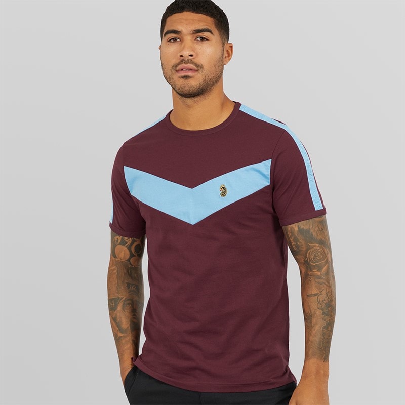 LUKE 1977 Mens Calvia Crew Chevron T-Shirt Claret/Blue B - Image 1