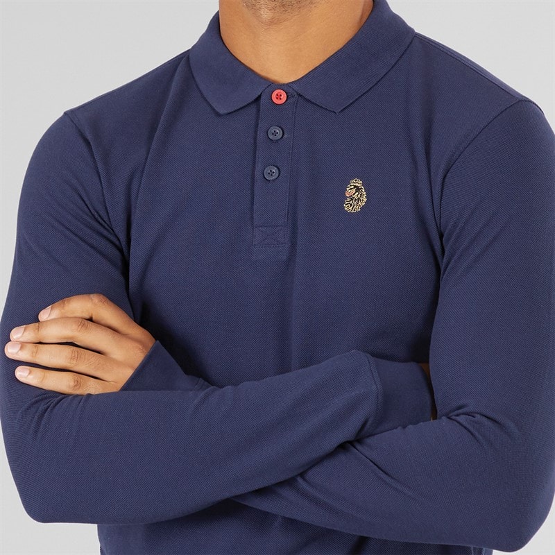 LUKE 1977 Mens Williams Long Sleeve Polo Shirt Navy - Image 3
