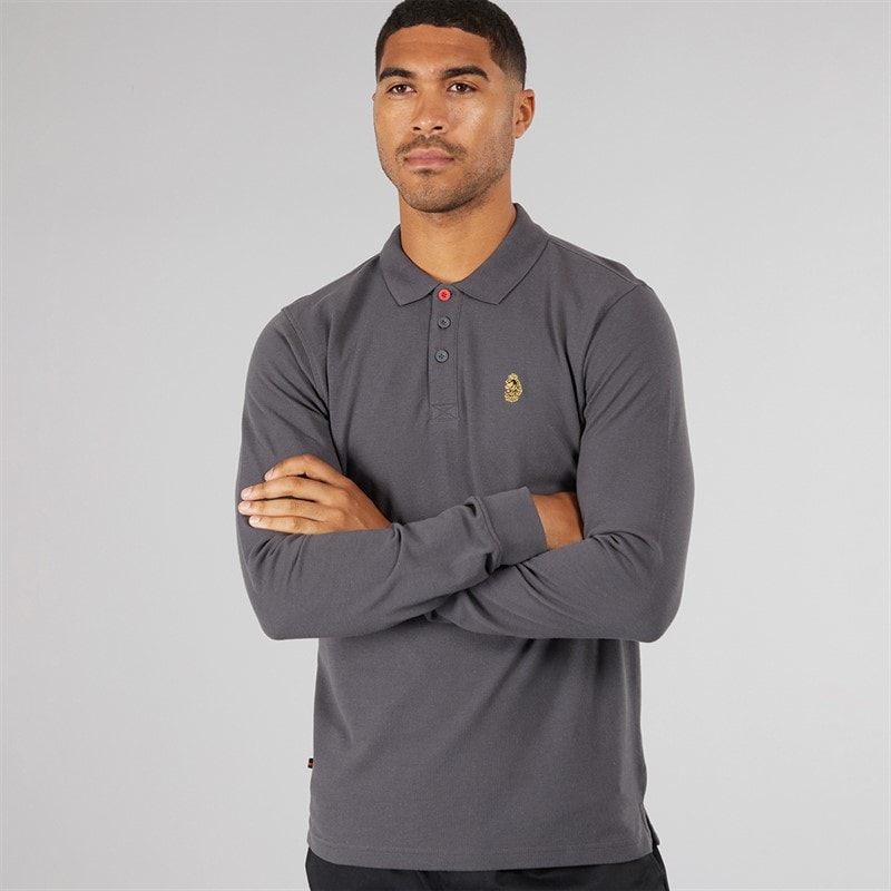 LUKE 1977 Mens Williams Long Sleeve Polo Shirt Charcoal - Image 1