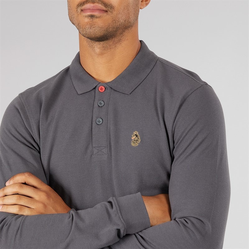 LUKE 1977 Mens Williams Long Sleeve Polo Shirt Charcoal - Image 3