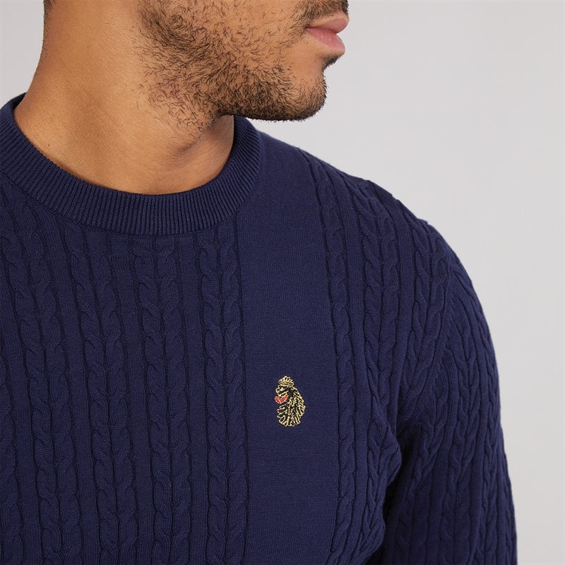LUKE 1977 Mens Horton 1000 Cable Knit Jumper Navy - Image 3