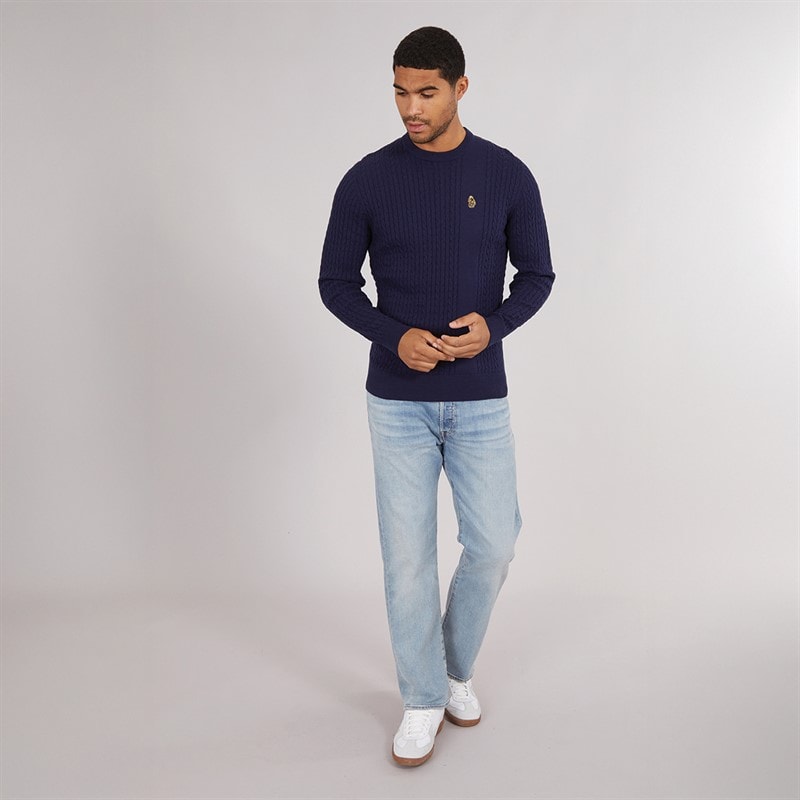 LUKE 1977 Mens Horton 1000 Cable Knit Jumper Navy - Image 4