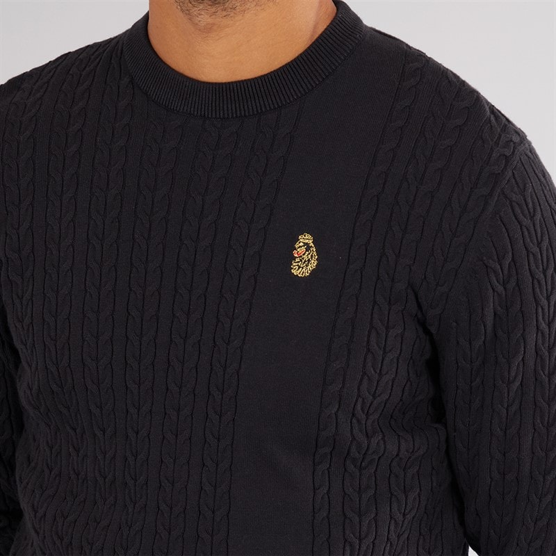 LUKE 1977 Mens Horton 1000 Cable Knit Jumper Black - Image 3