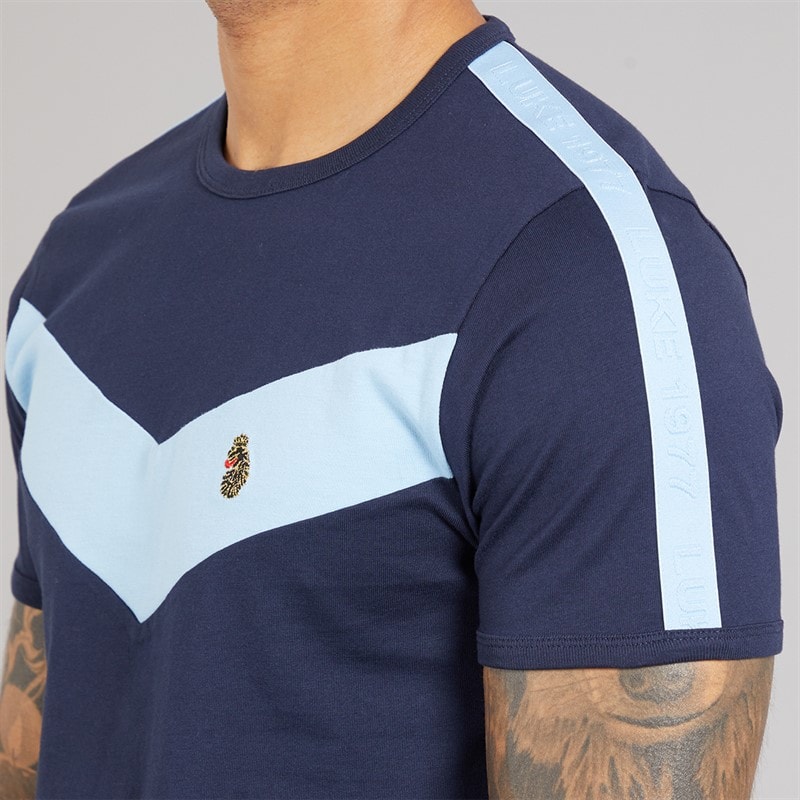 LUKE 1977 Mens Calvia Crew Chevron T-Shirt Dark Navy/Sky - Image 3