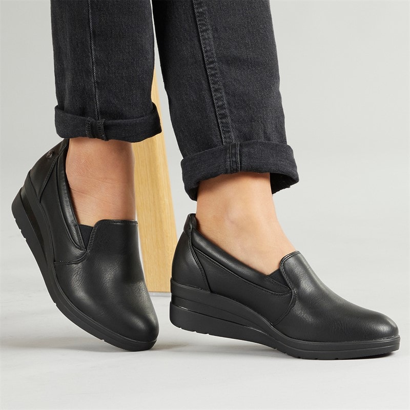 Lotus Womens Roman Wedge Loafers Black Smooth - Image 5