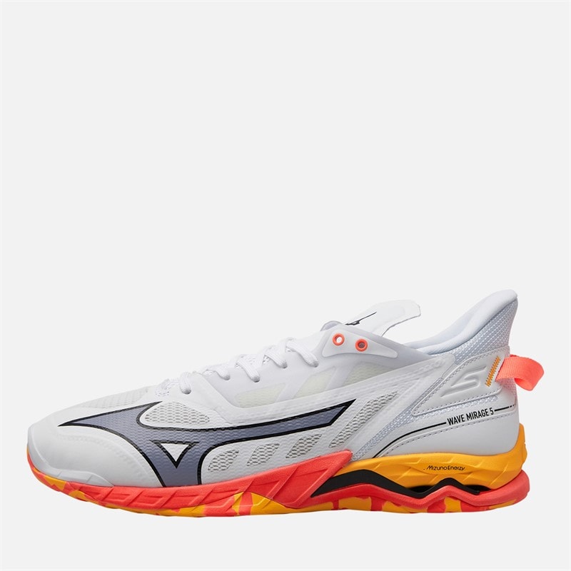 Mizuno Mens Wave Mirage 5 Indoor Court Shoes White/Fiery Coral 2/Citrus