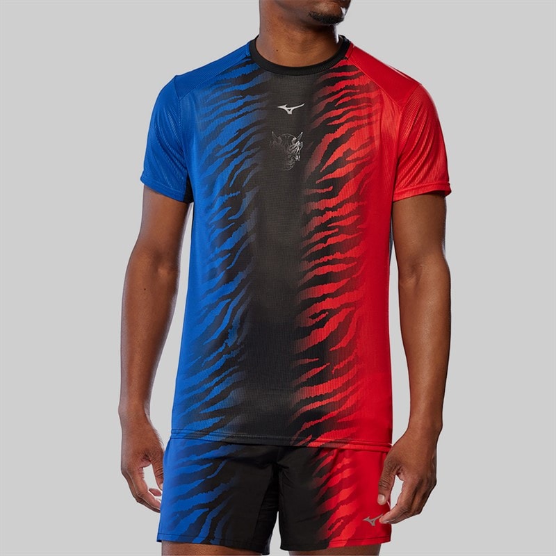 Mizuno Mens Dryaeroflow Graphic Running Top Oni Red/Oni Blue - Image 3