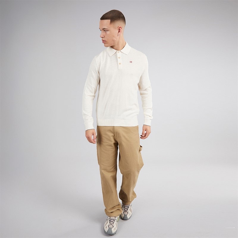 Napapijri Mens Damavand Wool Long Sleeve Knitted Polo Shirt Beige Dimity - Image 4