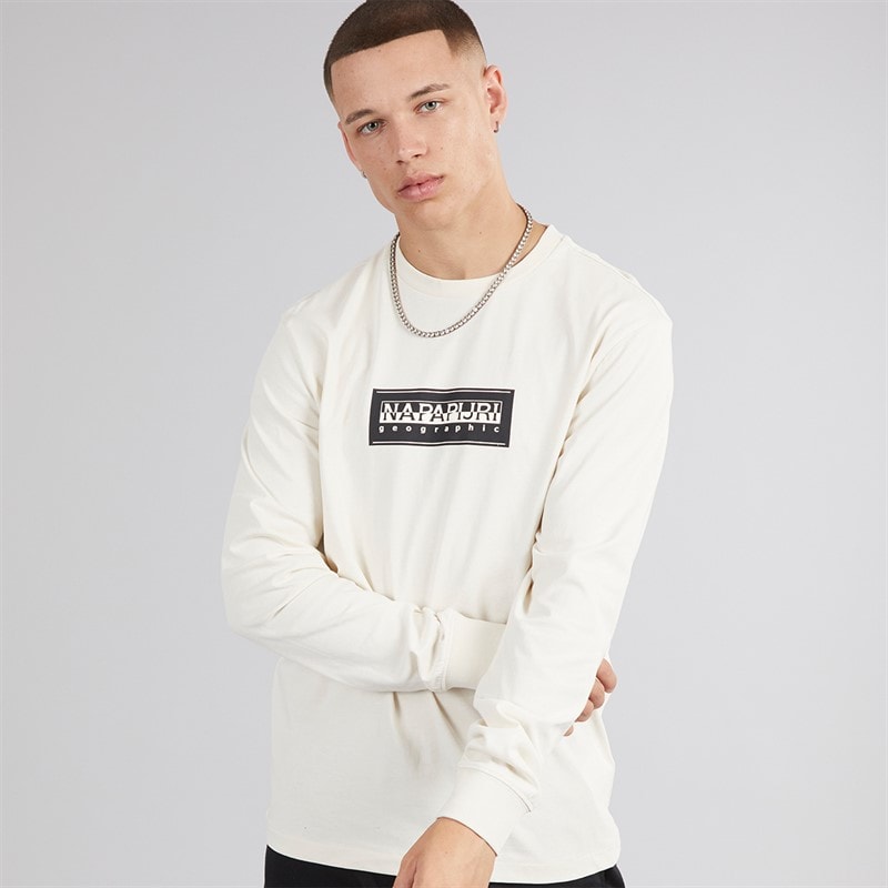 Napapijri Mens Box Logo Long Sleeve T-Shirt Beige Dimity - Image 1