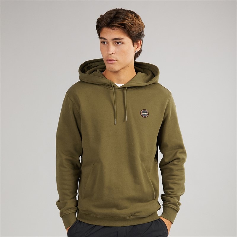 Napapijri Mens Badge Hoodie Dark Olive - Image 2