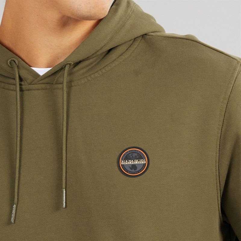 Napapijri Mens Badge Hoodie Dark Olive - Image 4