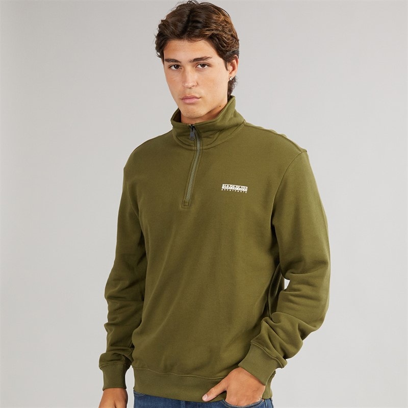 Napapijri Mens Small Box Crew Half Zip Sweatshirt Dark Olive - Image 3