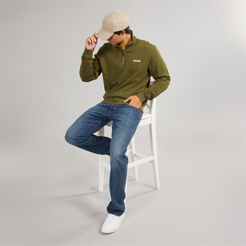 Napapijri Mens Small Box Crew Half Zip Sweatshirt Dark Olive - Image 4