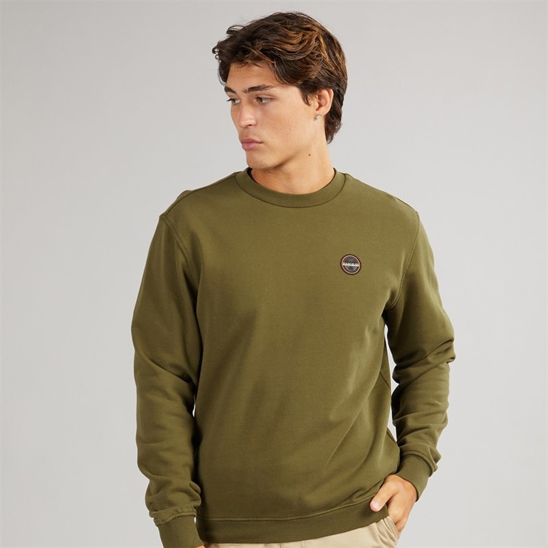 Napapijri Mens Badge Crew Sweatshirt Dark Olive - Image 1