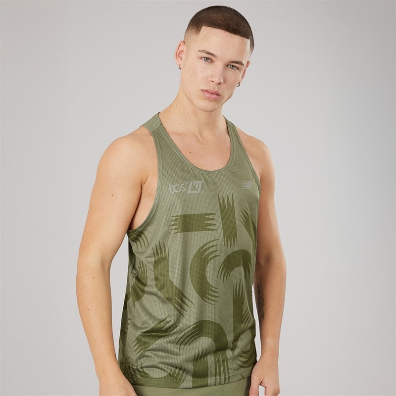 New Balance Mens London Edition Printed Running Tank Top Dark Olive - Image 1