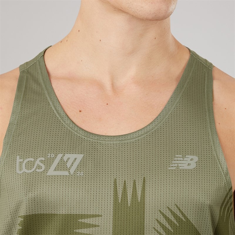 New Balance Mens London Edition Printed Running Tank Top Dark Olive - Image 3