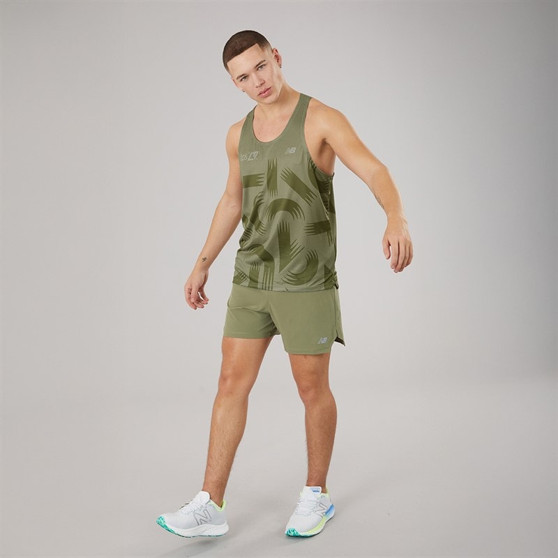 New Balance Mens London Edition Printed Running Tank Top Dark Olive - Image 4