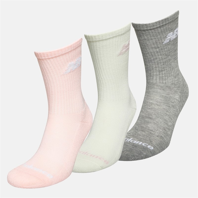 New Balance Womens Flying Logo Three Pack Crew Socks Pink/Grey Heather/Sea Salt - Image 2