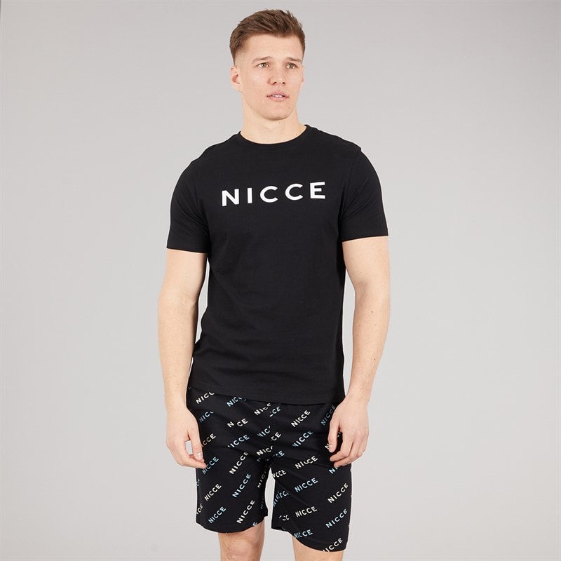 NICCE Mens Bradberry T-Shirt And Shorts Lounge Co-Ord Black AOP