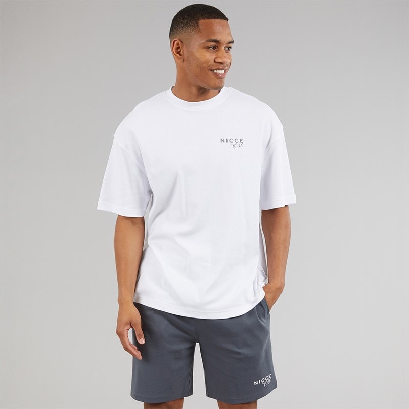 NICCE Mens Lovera Oversized T-Shirt And Jog Shorts Set White/Future Grey - Image 2