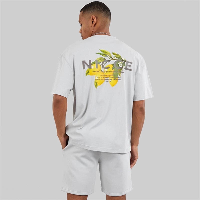 NICCE Mens Limon Oversized Resort T-Shirt And Jog Shorts Set Chalk Grey - Image 3
