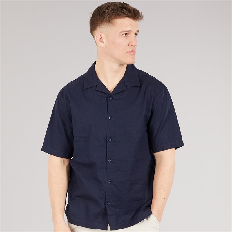 NICCE Mens Lichi Linen Revere Short Sleeve Shirt Dark Navy