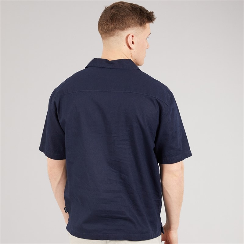 NICCE Mens Lichi Linen Revere Short Sleeve Shirt Dark Navy - Image 2
