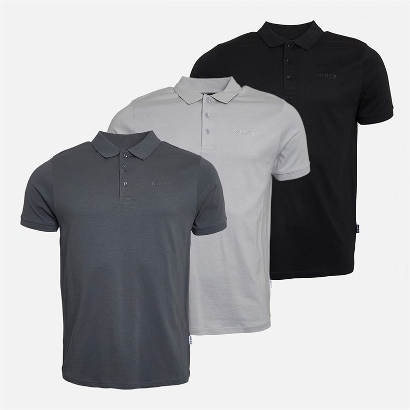 NICCE Mens Sinor Three Pack Jersey Polo Shirts Chalk Grey/Steel Grey/Black - Image 1