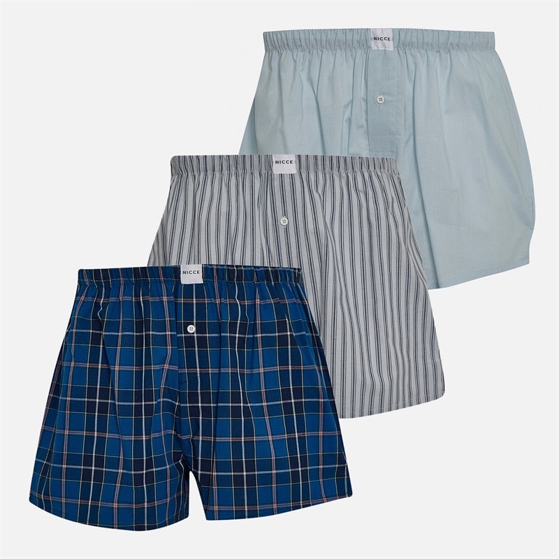 NICCE Mens Apont Three Pack Woven Boxer Shorts Navy Stripe/Blue Aura/Navy Check - Image 1